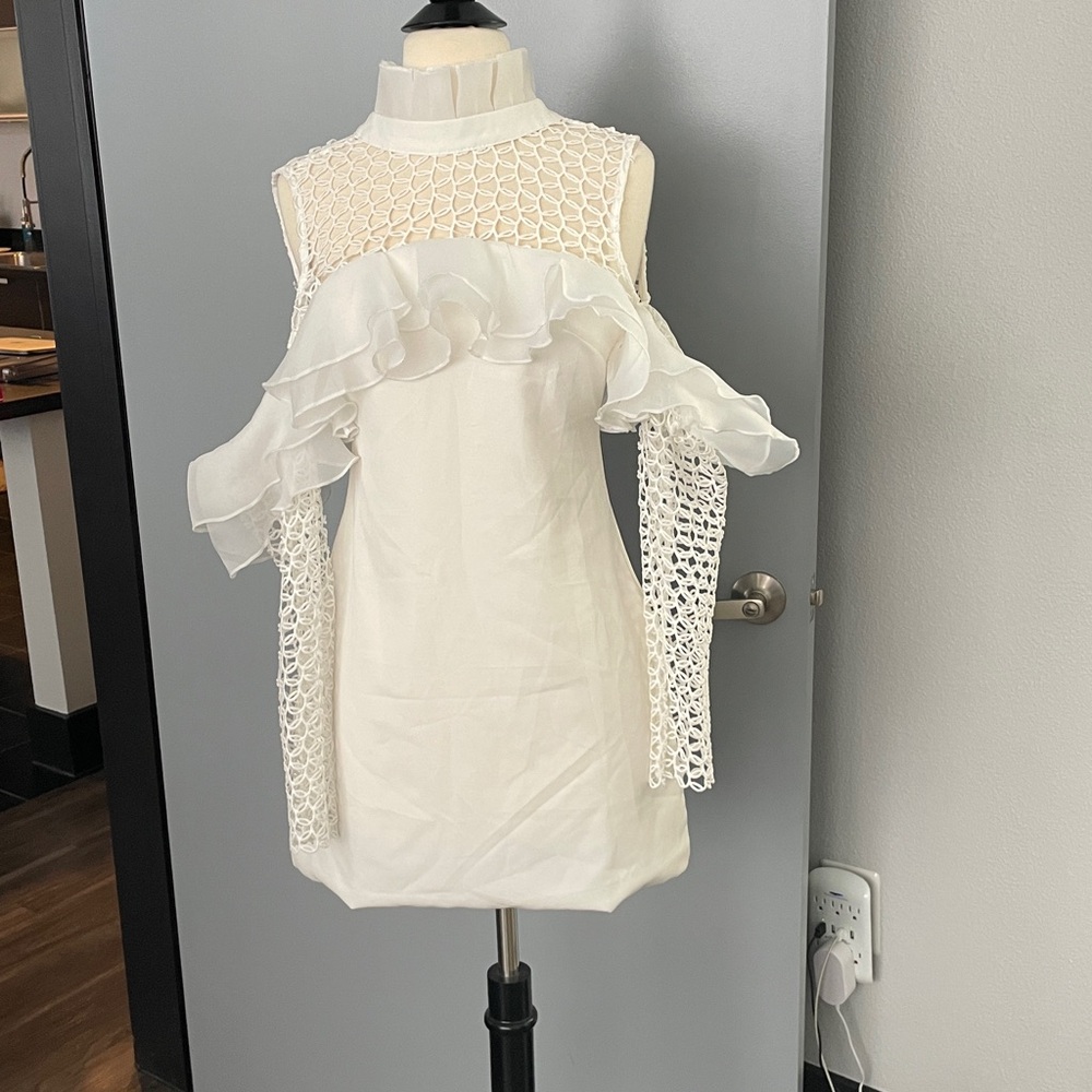 Small white mesh long sleeve open shoulder dress